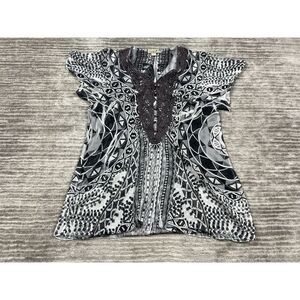 One World Live and Let Live Top Womens Medium Multicolor Short Sleeve Sheer Boho